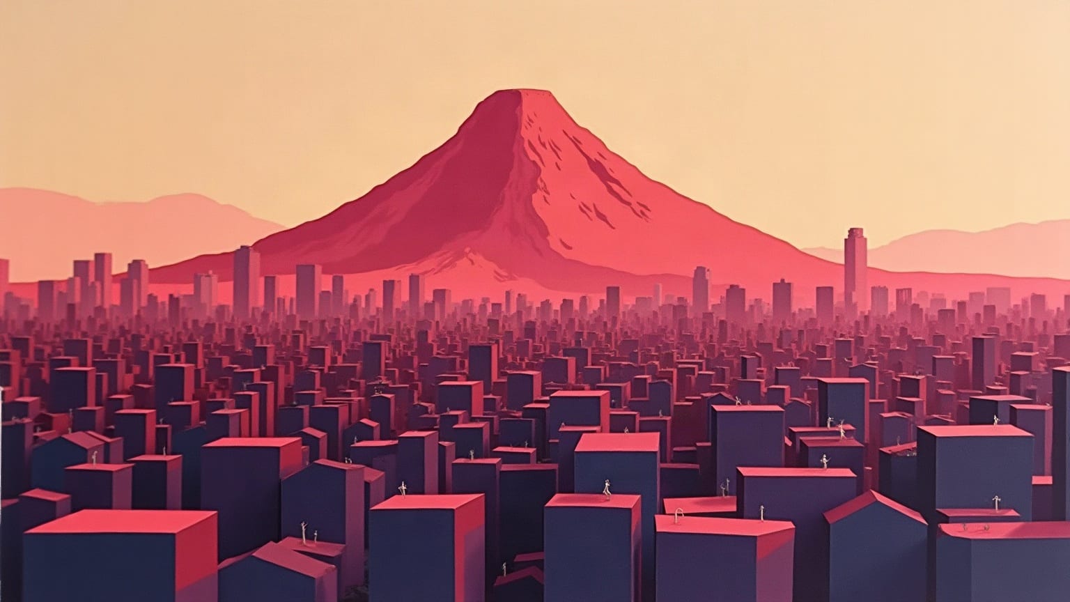 Cut-paper illustration: an angular volcano silhouette rising behind a grid of low flat rooftops.