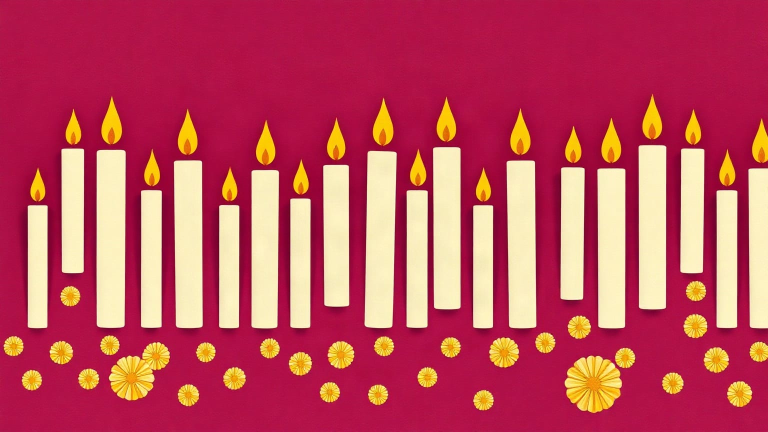 Una fila de velas encendidas recortadas en papel sobre fondo magenta, con flores doradas esparcidas abajo