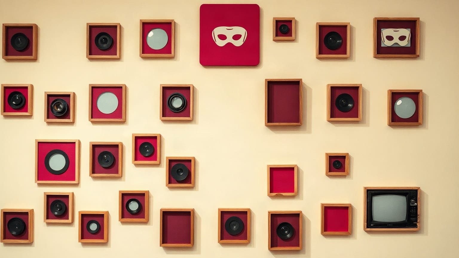 Un muro de objetos enmarcados: lupas, una máscara de luchador y un televisor antiguo