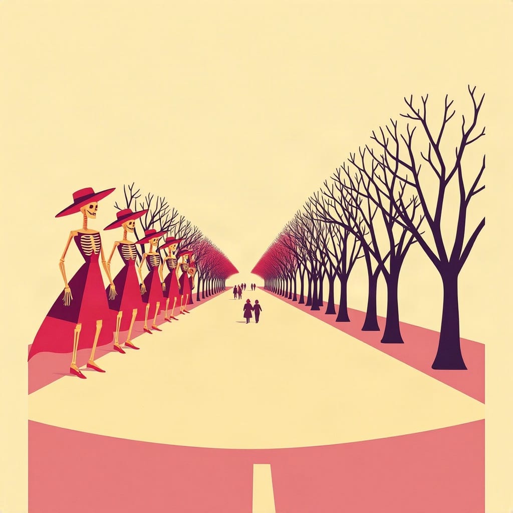 Una avenida ancha de papel recortado, con una fila de catrinas con sombrero y vestido rojo a la izquierda, árboles sin hojas a la derecha y pequeñas figuras paseando, sobre fondo crema y suelo rosa