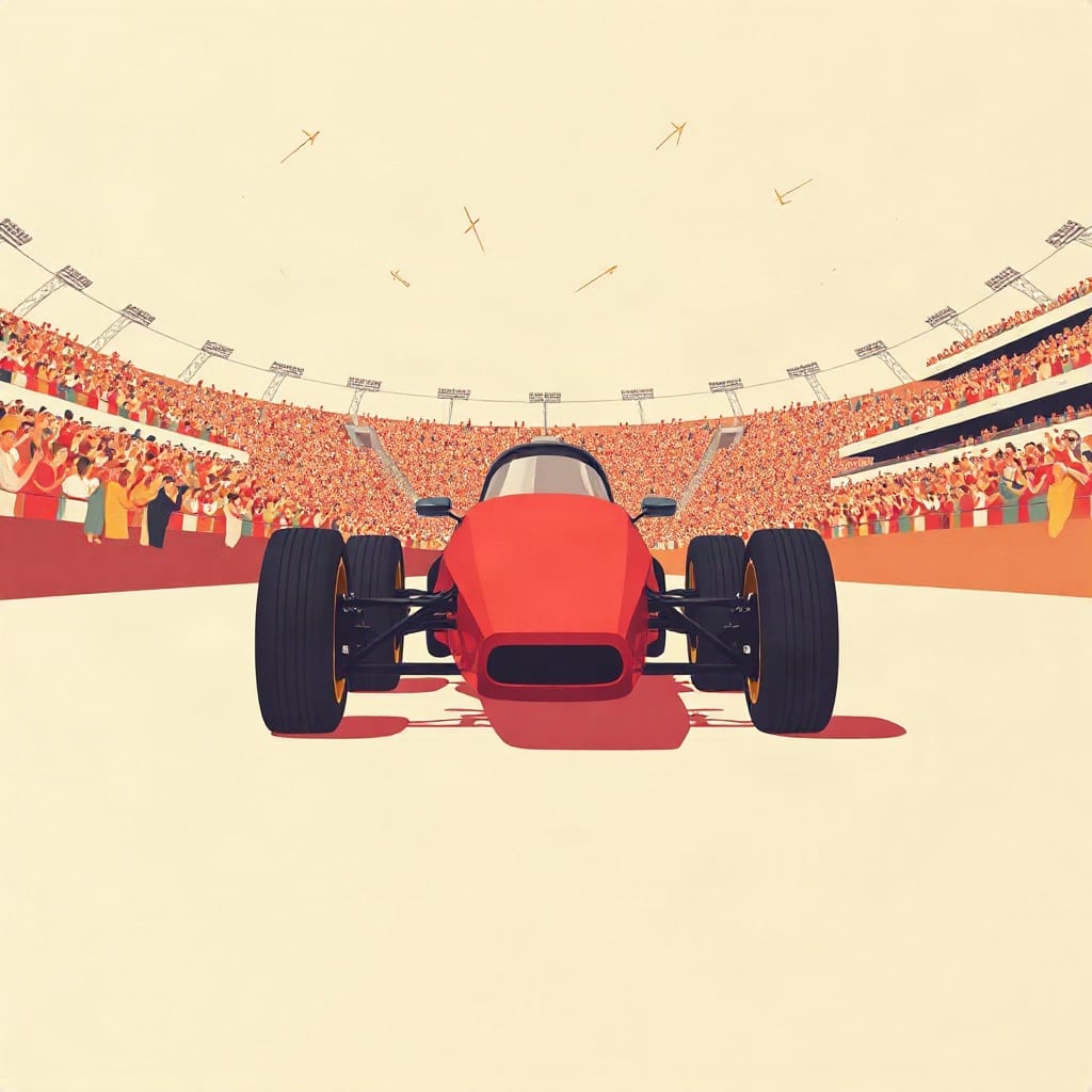 Un monoplaza rojo de carreras de frente en la pista, con las gradas de un estadio llenas de público detrás