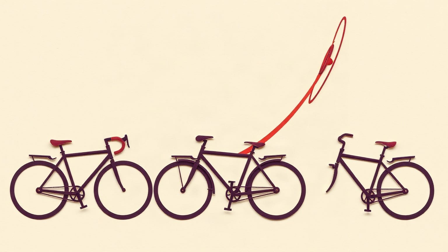 Tres bicicletas de papel recortado en fila, con un arco satelital sobre ellas