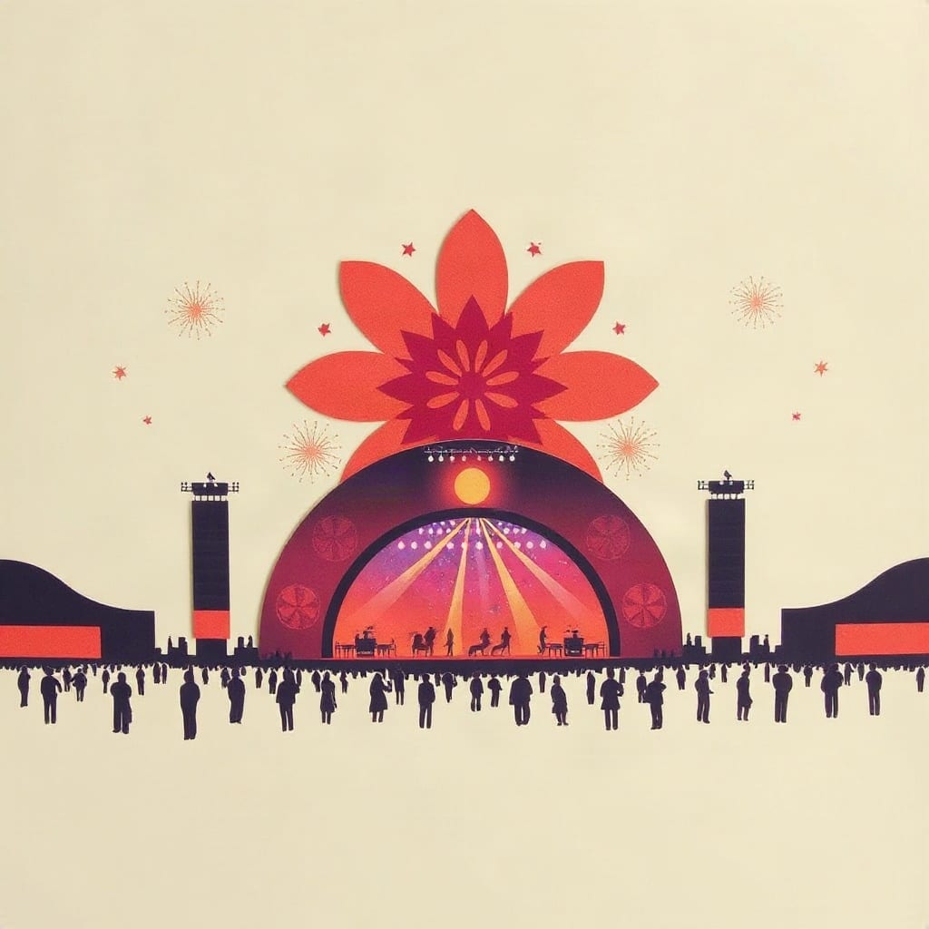 Un escenario de festival coronado por una flor gigante, con luces de colores y fuegos artificiales, y una multitud pequeña al frente