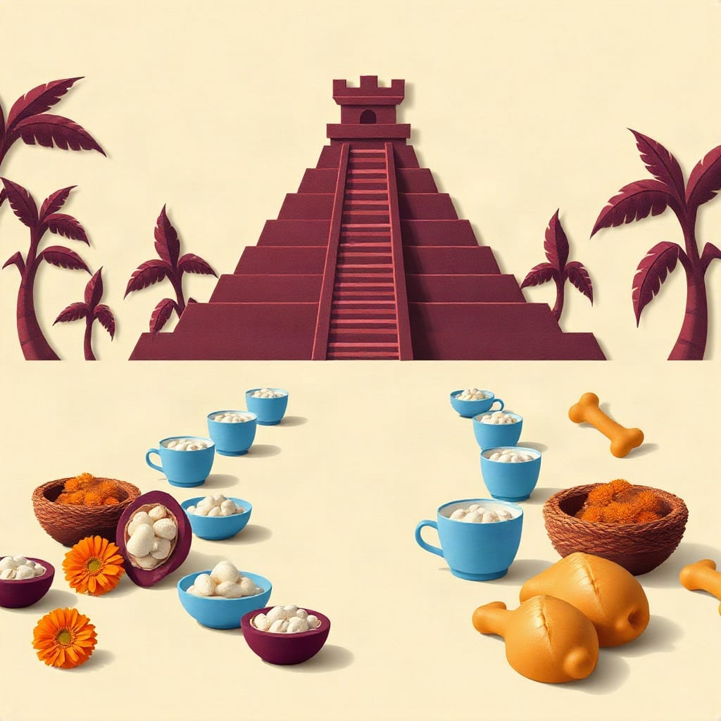 Una pirámide escalonada color granate rematada por una torre almenada, entre palmeras, y al frente tazas y cuencos azules con trozos blancos, una mazorca de cacao abierta, cestas, flores de cempasúchil, panes dorados y galletas en forma de hueso, sobre fondo crema