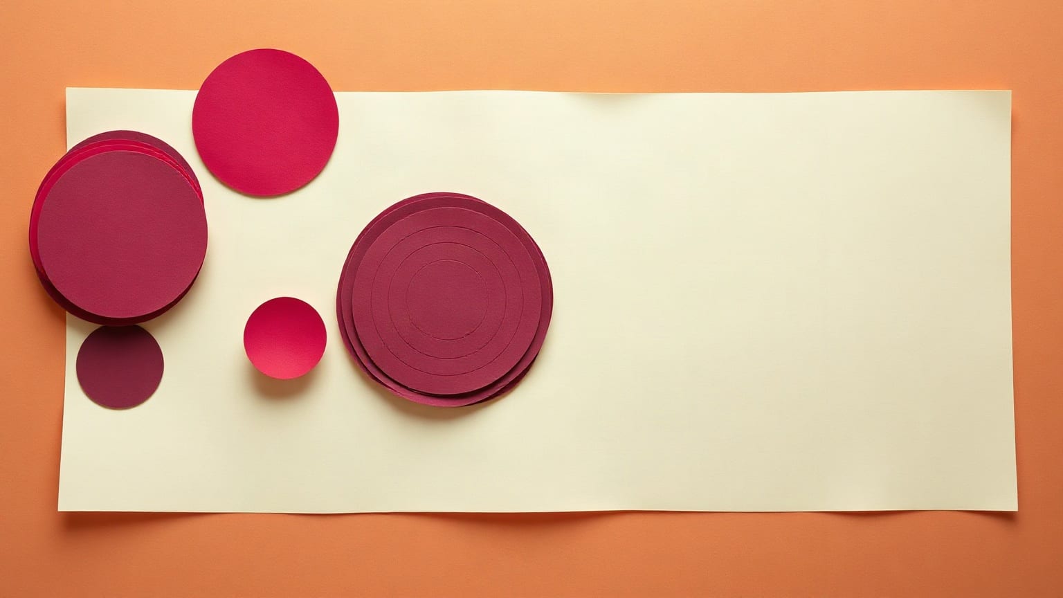 Círculos de papel magenta y ciruela de distintos tamaños sobre fondo crema, uno de ellos con surcos concéntricos recortados