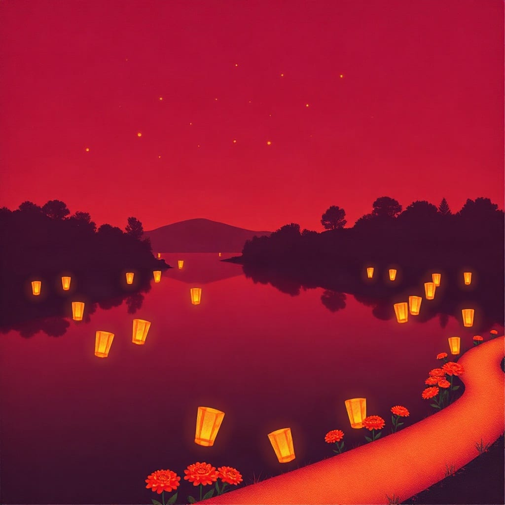 Un lago de noche con linternas de papel encendidas flotando sobre el agua, un sendero bordeado de cempasúchil en la orilla y árboles oscuros alrededor