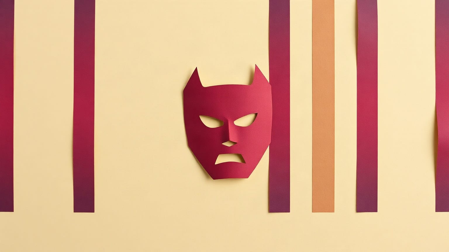 Una máscara de papel recortada en dos colores sobre un fondo crema, con franjas verticales detrás