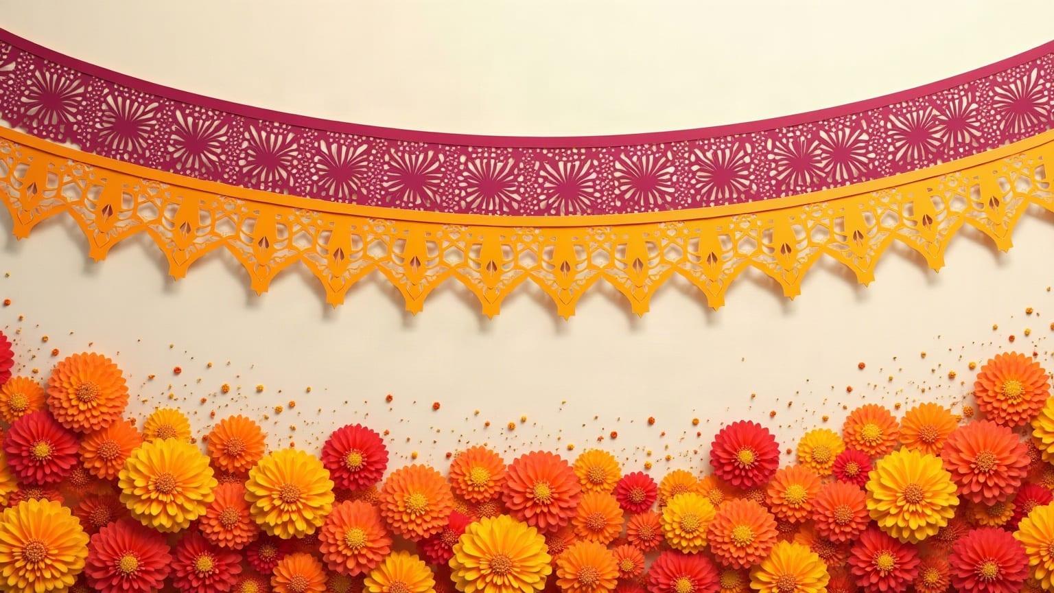Papel picado en la parte alta y flores de cempasúchil abajo