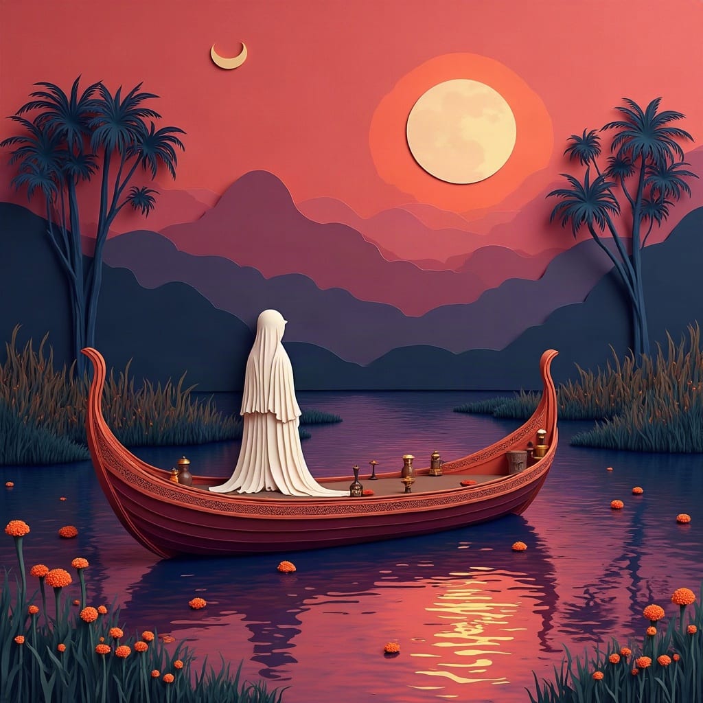 Una figura blanca con velo de pie en una trajinera sobre un canal al atardecer, entre carrizos y montañas moradas