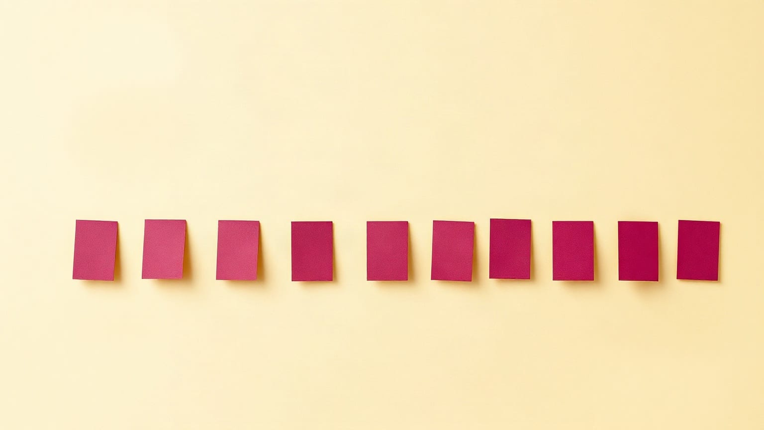 Una hilera de fichas de papel del mismo tamaño y color sobre fondo crema, con separaciones desiguales entre ellas