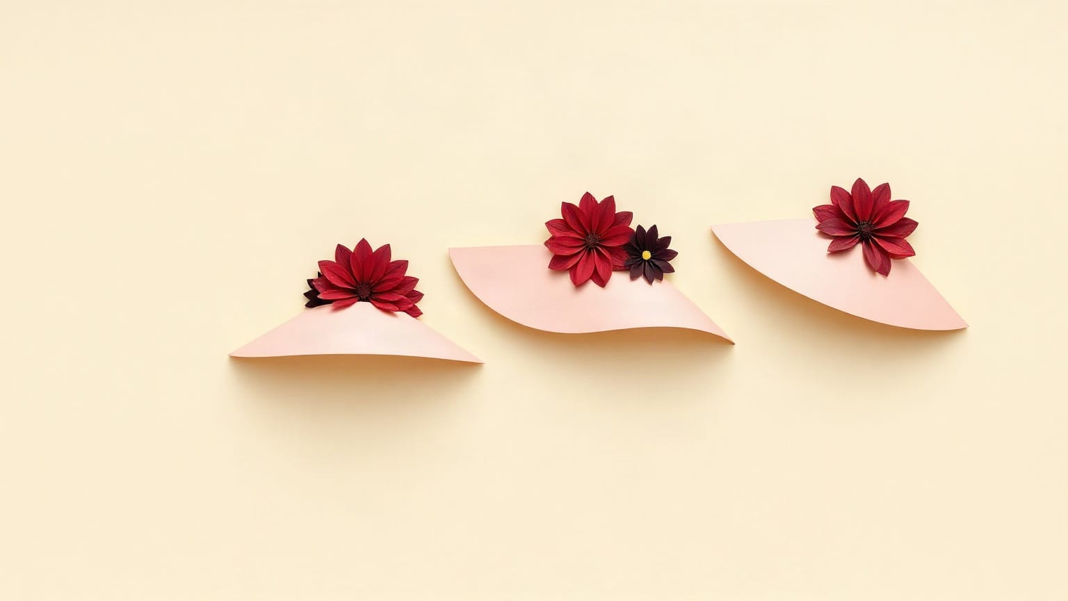 Tres sombreros de ala ancha de papel rosa en diagonal, cada uno con flores rojas sobre el ala