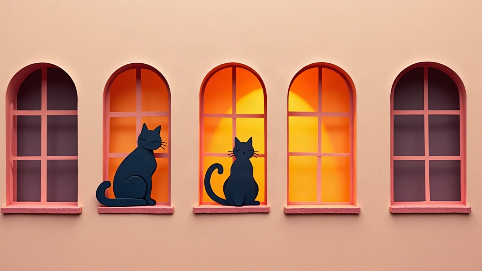 La silueta de un gato enroscado en una ventana iluminada de una fachada de papel