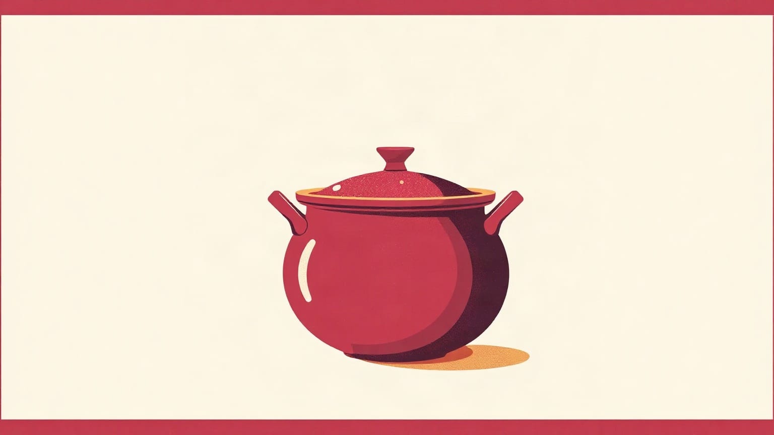 Una olla de barro roja con su tapa puesta, sobre un fondo crema