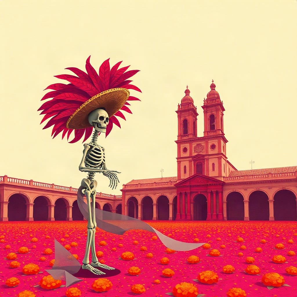 Una catrina, un esqueleto con un gran sombrero de plumas rosas, de pie sobre un tapete de cempasúchil en una plaza enorme, frente a una catedral de dos torres y arcadas