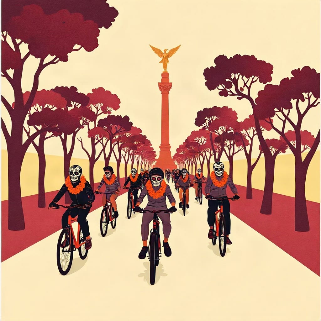 Ciclistas con la cara pintada de calavera y collares de cempasúchil pedalean por una avenida arbolada hacia una columna coronada por un ángel dorado
