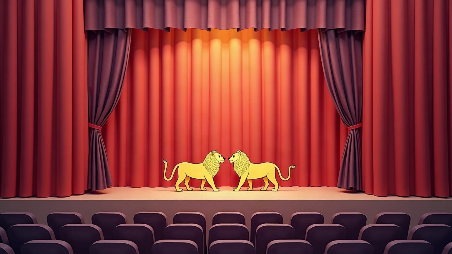 Dos leones de papel dorado colocados frente a un telón, y detrás una fila de asientos vacíos