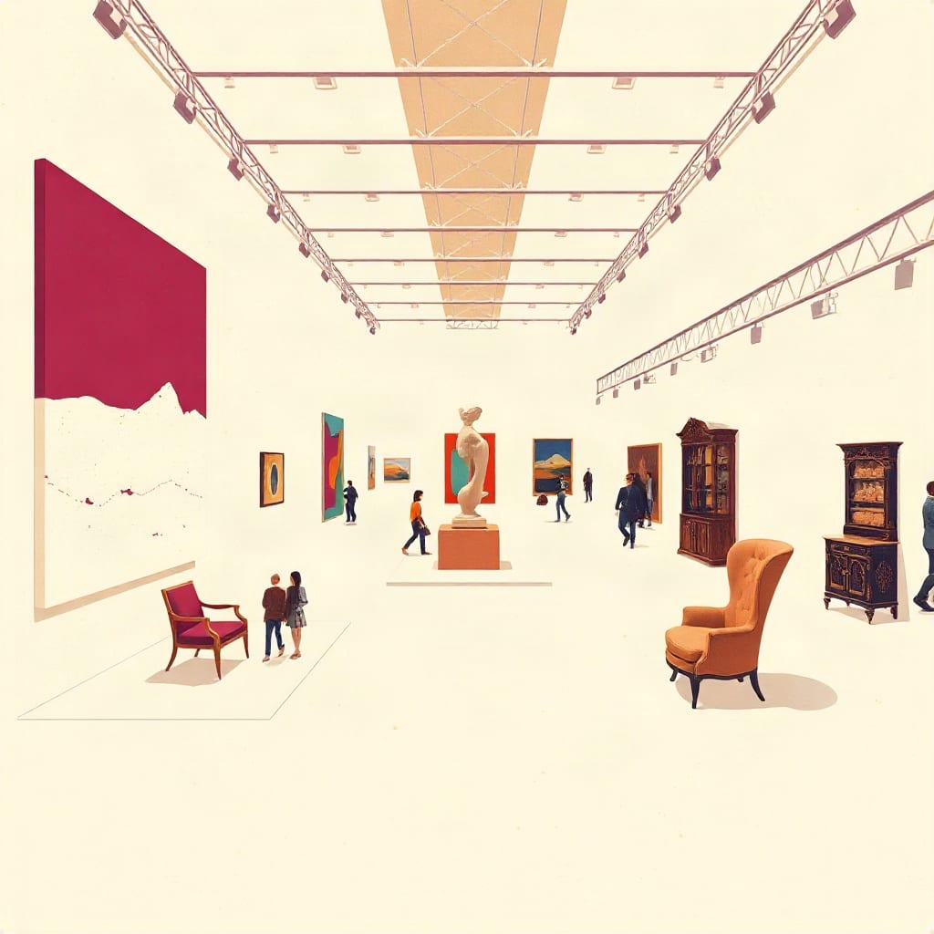 Una gran nave de exposición blanca con estructuras de luces en el techo, un lienzo grande en rojo vino, una escultura sobre un pedestal, dos sillones y dos vitrinas antiguas, y pocos visitantes caminando entre ellos, sobre fondo crema